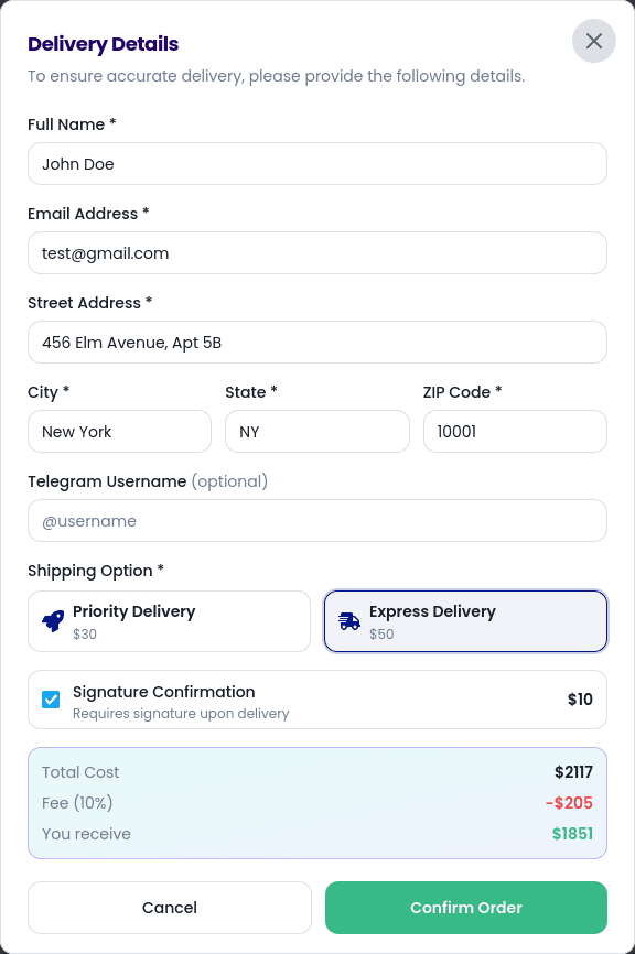 Order confirmation screenshot